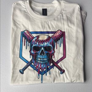 Gildan White Tee with Dripping Skull & Crossed Bats Graphic